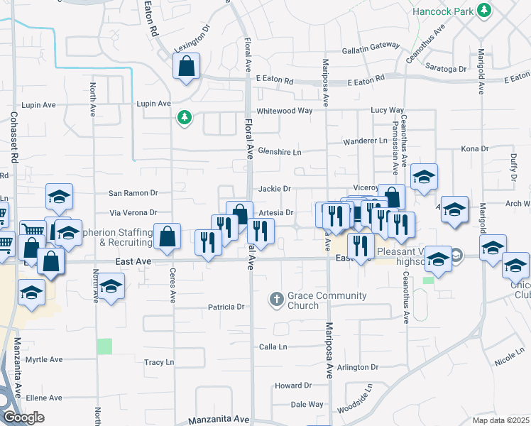 map of restaurants, bars, coffee shops, grocery stores, and more near 73 Artesia Drive in Chico