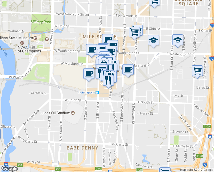 map of restaurants, bars, coffee shops, grocery stores, and more near 234 South Meridian Street in Indianapolis