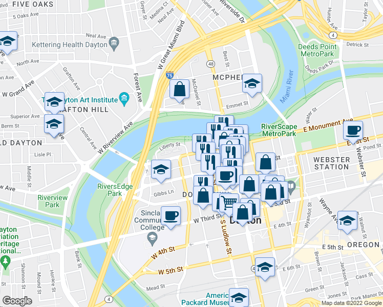 map of restaurants, bars, coffee shops, grocery stores, and more near 104 West Monument Avenue in Dayton