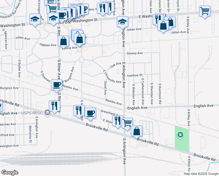map of restaurants, bars, coffee shops, grocery stores, and more near 5949 East University Avenue in Indianapolis