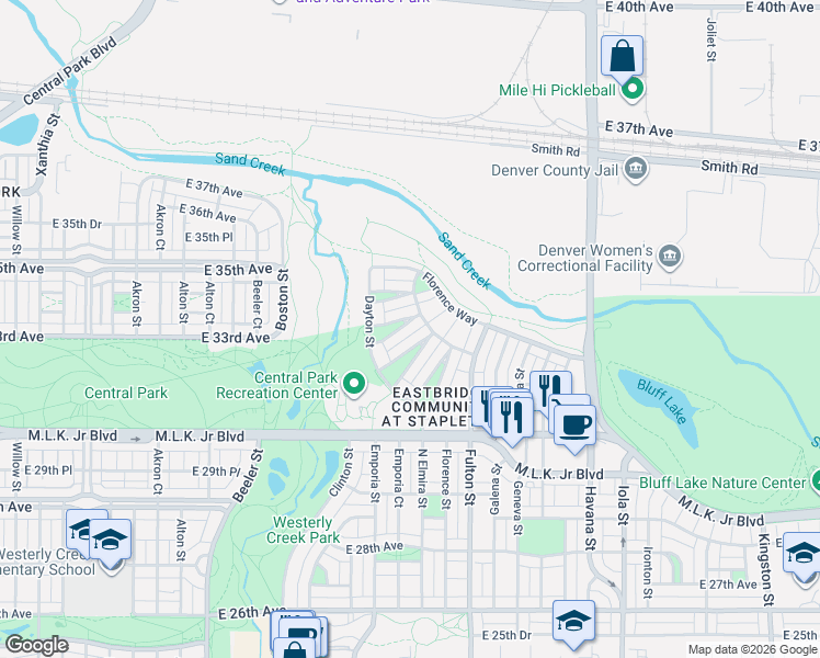map of restaurants, bars, coffee shops, grocery stores, and more near 9740 East 32nd Avenue in Denver