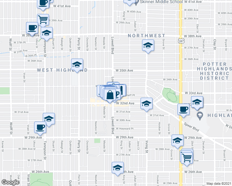 map of restaurants, bars, coffee shops, grocery stores, and more near 3485 West Moncrieff Place in Denver