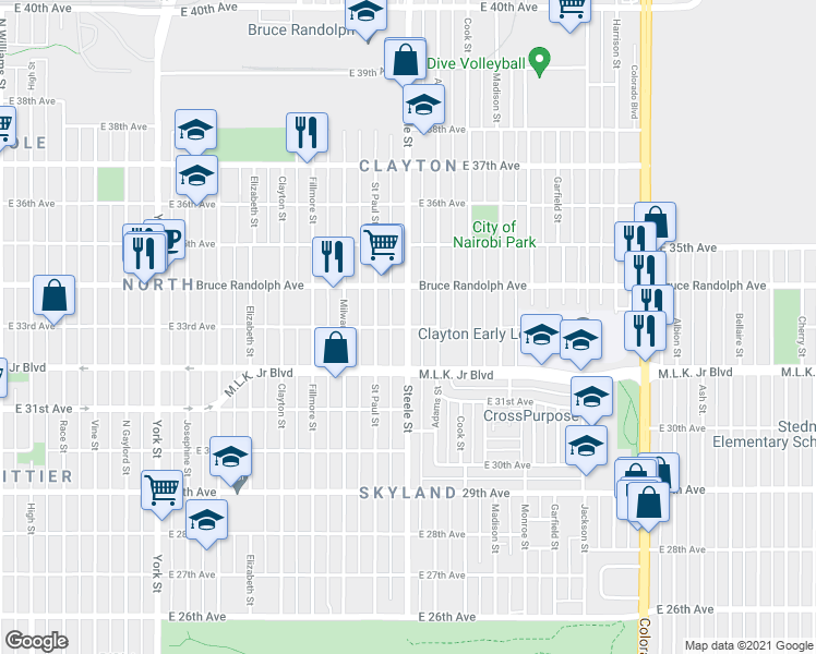 map of restaurants, bars, coffee shops, grocery stores, and more near Steele St & E 33rd Ave in Denver