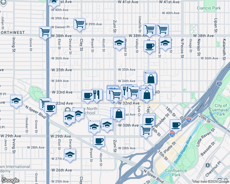 map of restaurants, bars, coffee shops, grocery stores, and more near Zuni St & W 33rd Ave in Denver