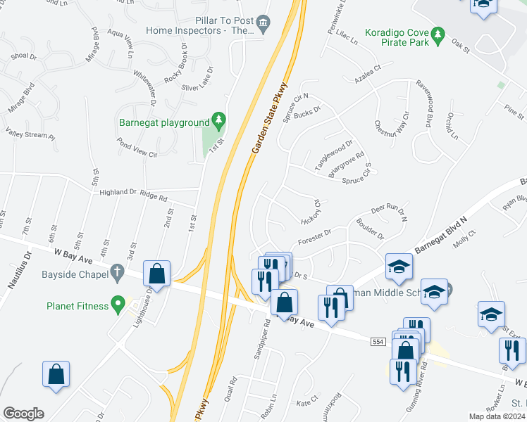 map of restaurants, bars, coffee shops, grocery stores, and more near 136 Ravenwood Boulevard in Barnegat Township