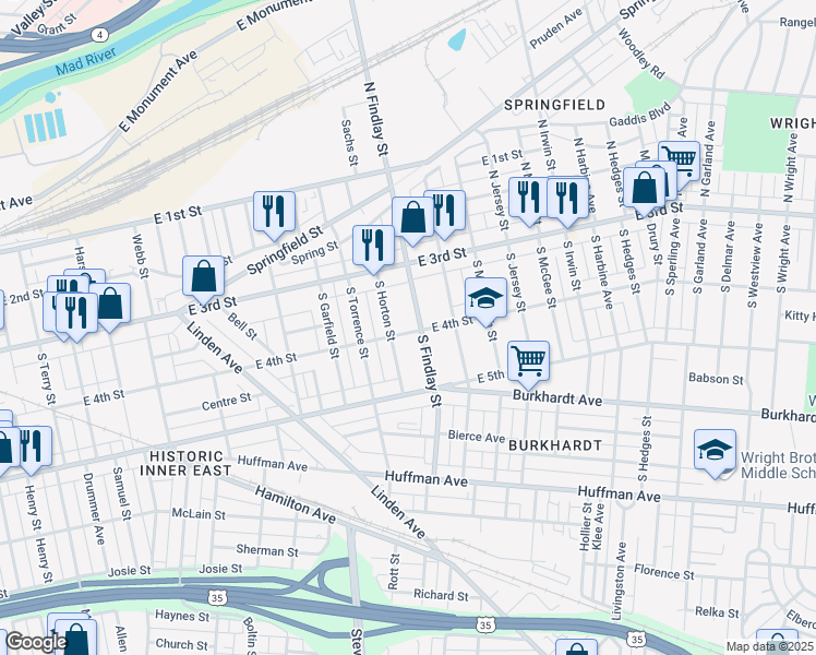 map of restaurants, bars, coffee shops, grocery stores, and more near 2417 East 4th Street in Dayton