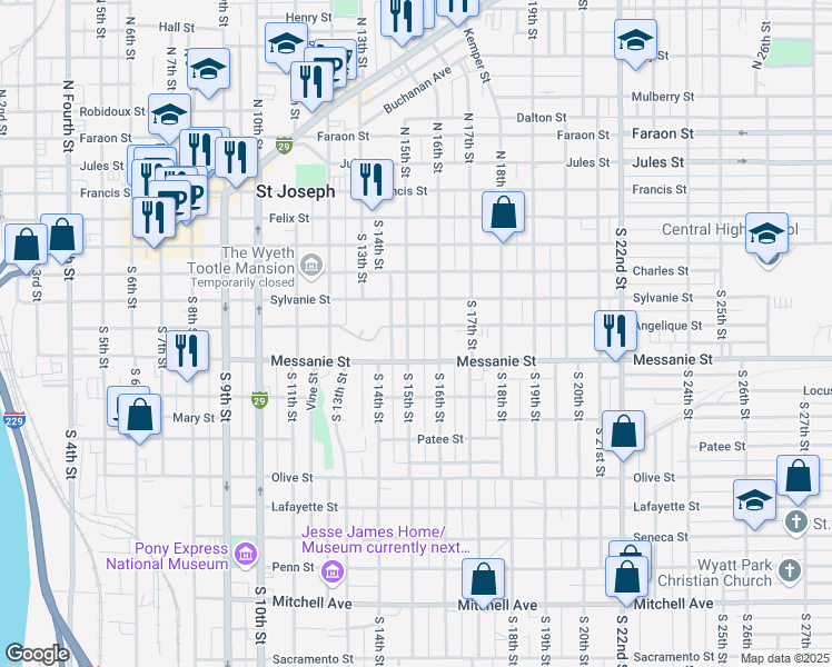 map of restaurants, bars, coffee shops, grocery stores, and more near 501 South 15th Street in Saint Joseph