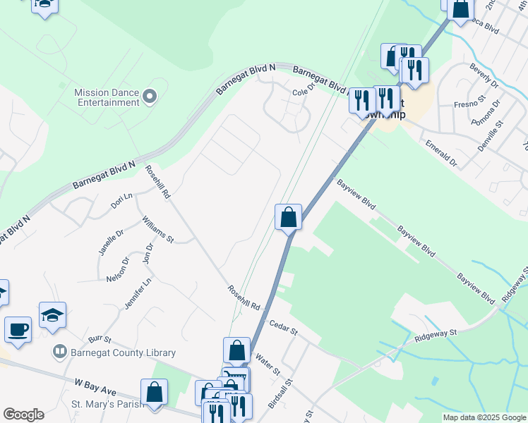 map of restaurants, bars, coffee shops, grocery stores, and more near 250 Hawthorne Lane in Barnegat Township