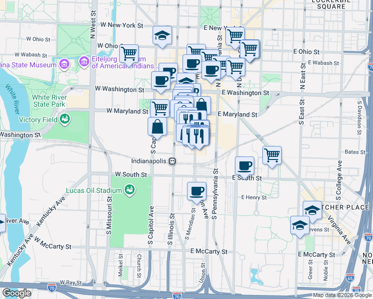 map of restaurants, bars, coffee shops, grocery stores, and more near 245 McCrea Street in Indianapolis