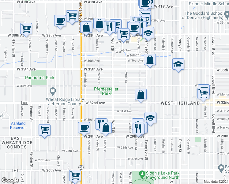 map of restaurants, bars, coffee shops, grocery stores, and more near 4743 West Moncrieff Place in Denver