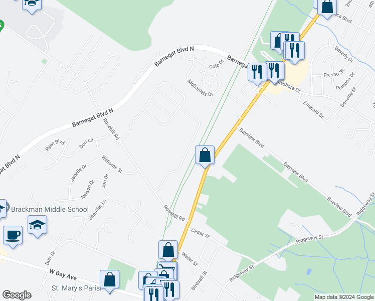map of restaurants, bars, coffee shops, grocery stores, and more near 266 Hawthorne Lane in Barnegat Township