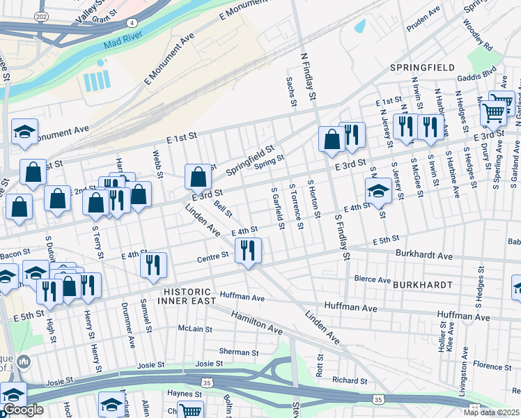 map of restaurants, bars, coffee shops, grocery stores, and more near 17 Mc Kinley Street in Dayton