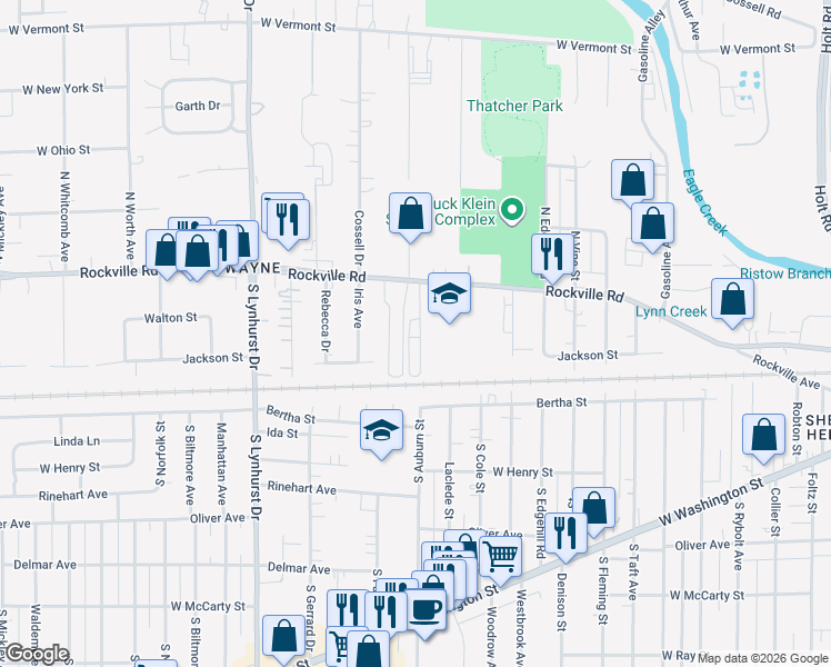 map of restaurants, bars, coffee shops, grocery stores, and more near 4911 Rockville Road in Indianapolis