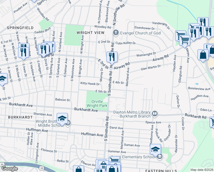 map of restaurants, bars, coffee shops, grocery stores, and more near 113 South Smithville Road in Dayton