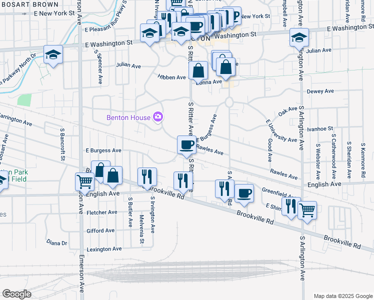 map of restaurants, bars, coffee shops, grocery stores, and more near 378 South Downey Avenue in Indianapolis