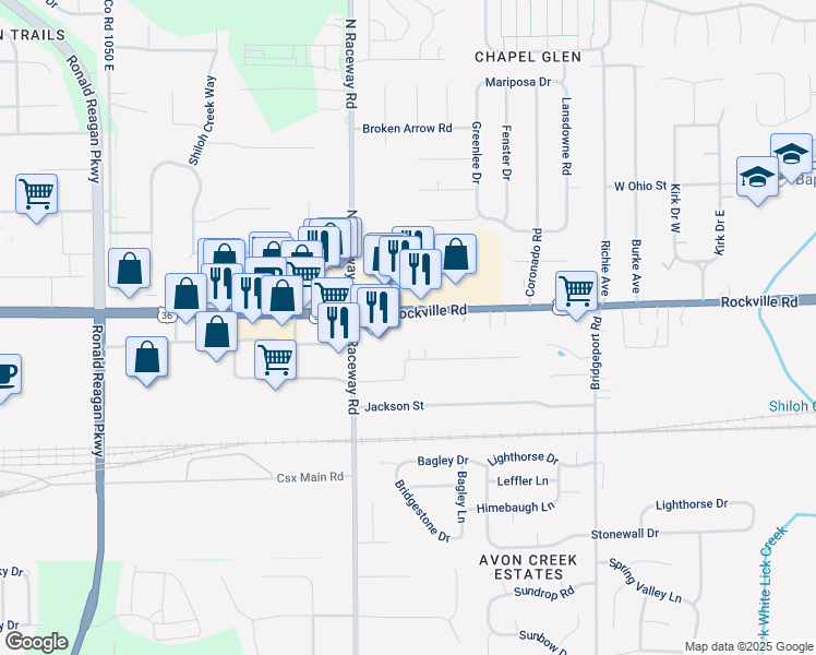 map of restaurants, bars, coffee shops, grocery stores, and more near 9149 Rockville Road in Indianapolis