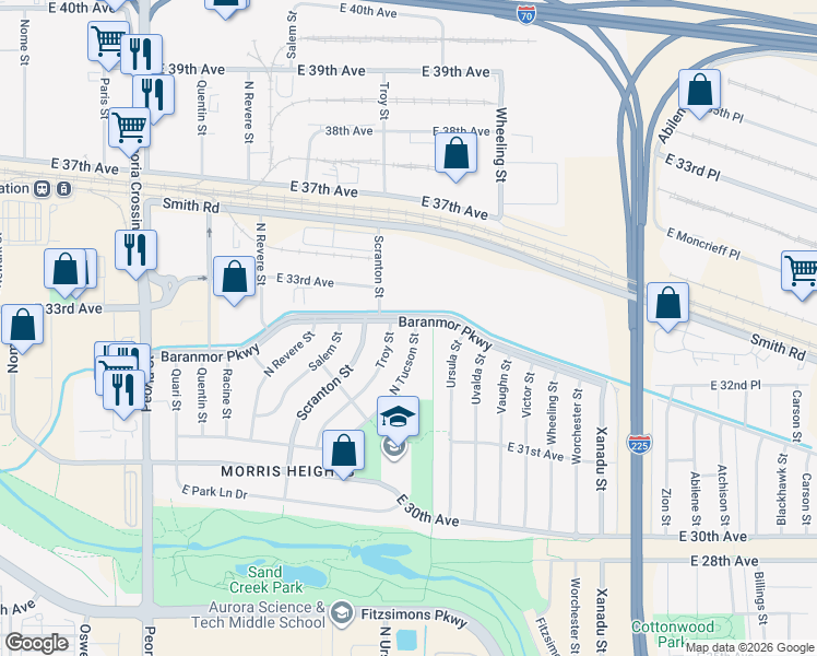 map of restaurants, bars, coffee shops, grocery stores, and more near 3295 Tucson Street in Aurora