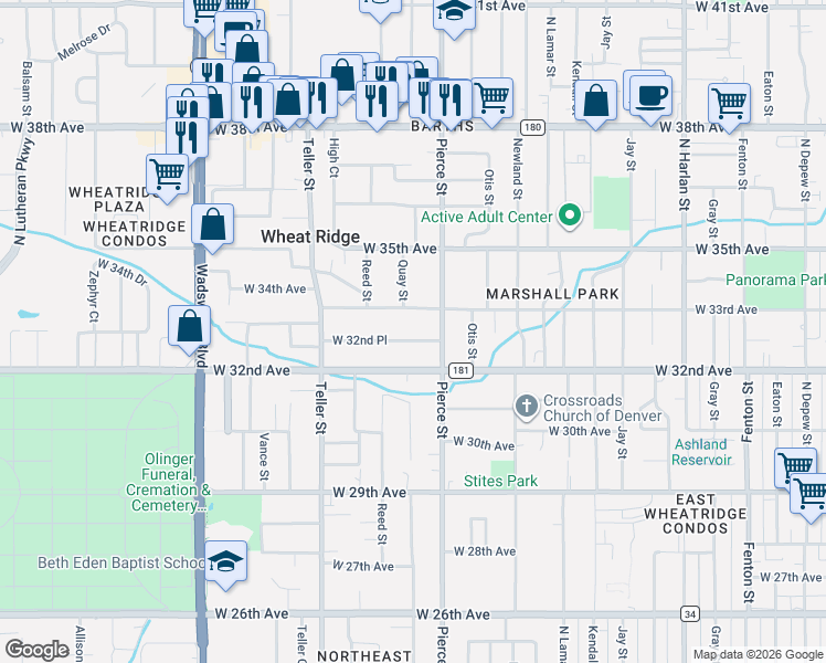 map of restaurants, bars, coffee shops, grocery stores, and more near 6895 West 32nd Place in Wheat Ridge