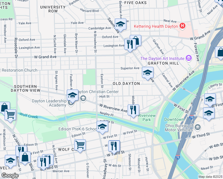 map of restaurants, bars, coffee shops, grocery stores, and more near 725 Meredith Street in Dayton