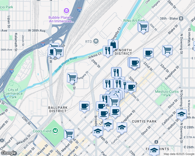 map of restaurants, bars, coffee shops, grocery stores, and more near 2800 Brighton Boulevard in Denver