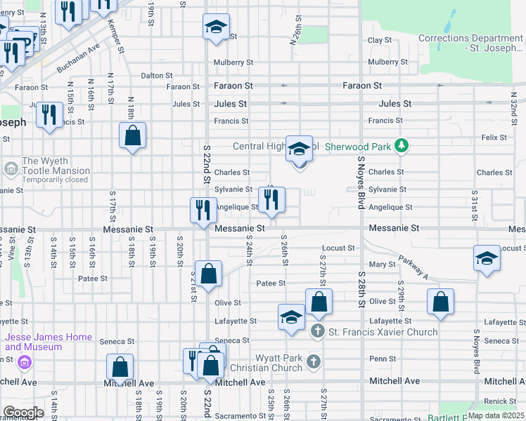 map of restaurants, bars, coffee shops, grocery stores, and more near 2418 Angelique Street in Saint Joseph
