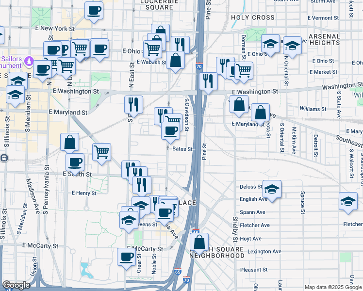 map of restaurants, bars, coffee shops, grocery stores, and more near 720 Bates Street in Indianapolis