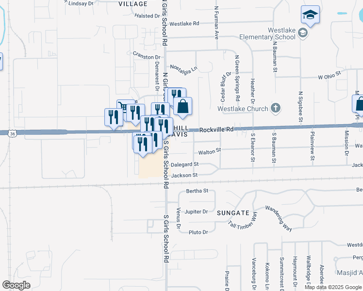 map of restaurants, bars, coffee shops, grocery stores, and more near 7217 Mortwood Avenue in Indianapolis