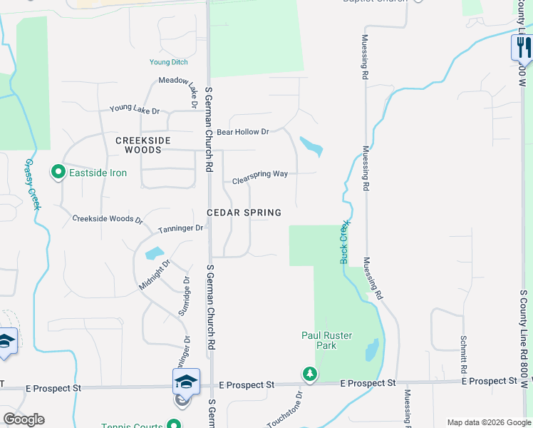 map of restaurants, bars, coffee shops, grocery stores, and more near 11126 Blue Spring Court in Indianapolis