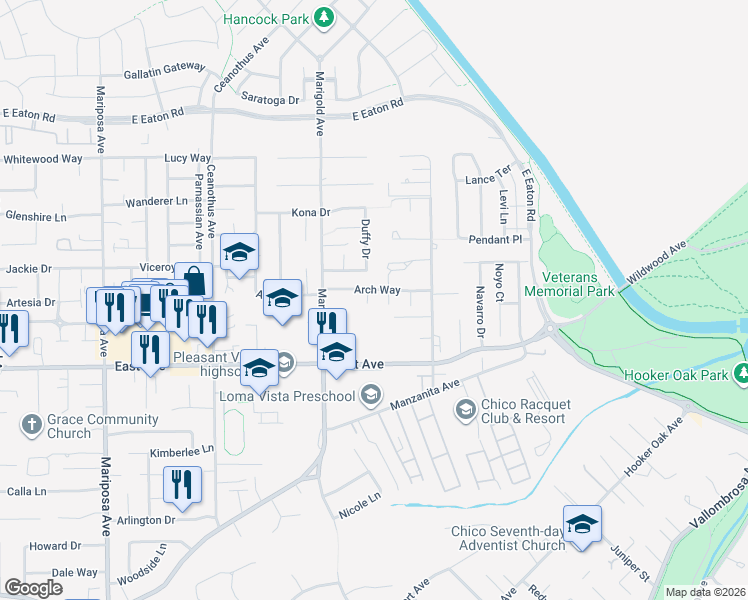 map of restaurants, bars, coffee shops, grocery stores, and more near 2 Cardiff Court in Chico