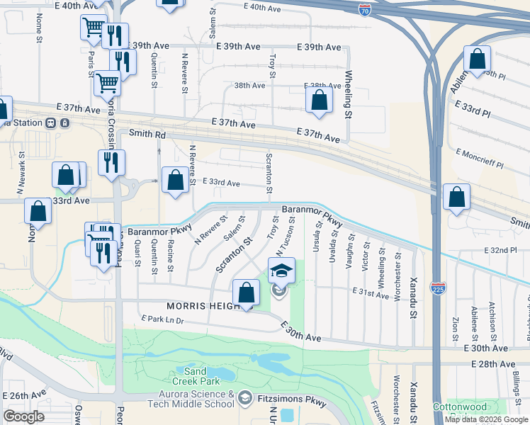 map of restaurants, bars, coffee shops, grocery stores, and more near 3294 Scranton Street in Aurora