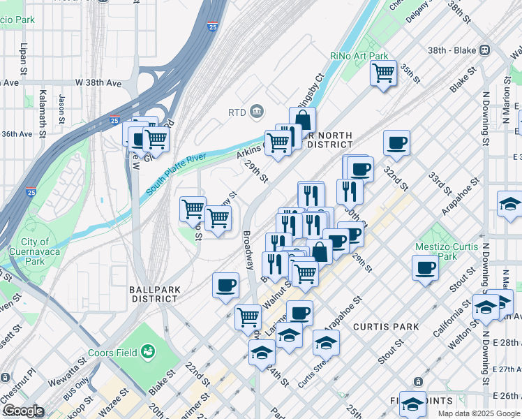 map of restaurants, bars, coffee shops, grocery stores, and more near 2800 Brighton Boulevard in Denver