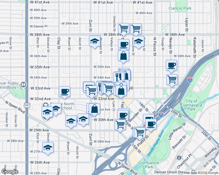 map of restaurants, bars, coffee shops, grocery stores, and more near 2223 West 33rd Avenue in Denver