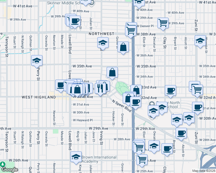 map of restaurants, bars, coffee shops, grocery stores, and more near 3209 West Fairview Place in Denver