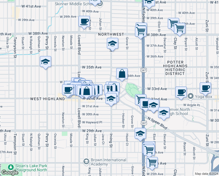 map of restaurants, bars, coffee shops, grocery stores, and more near 3257 Irving Street in Denver