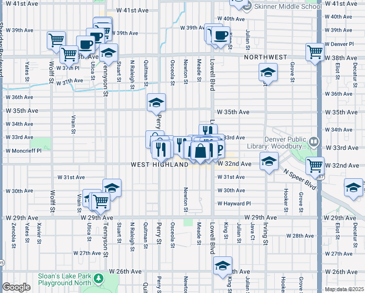 map of restaurants, bars, coffee shops, grocery stores, and more near 3279 Newton Street in Denver