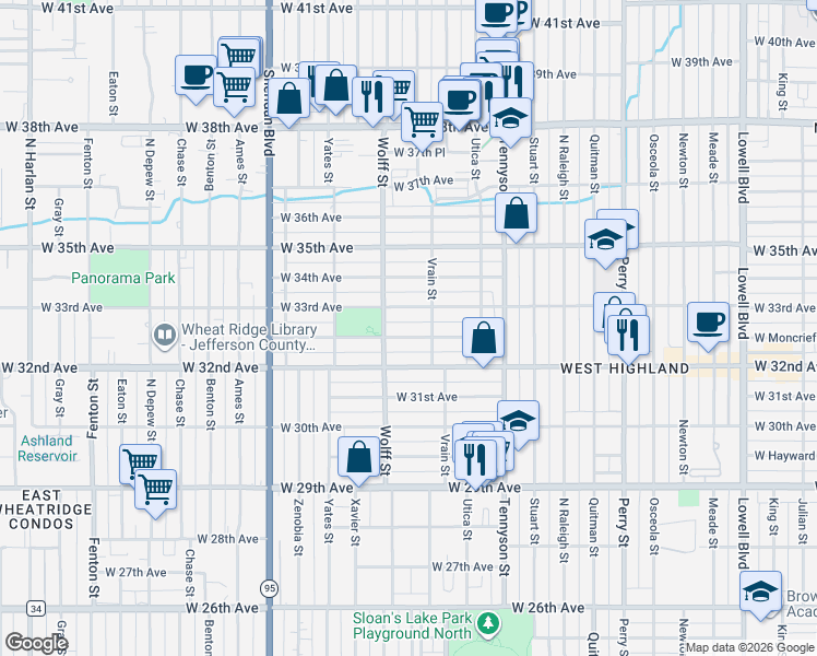 map of restaurants, bars, coffee shops, grocery stores, and more near 4703 West Moncrieff Place in Denver
