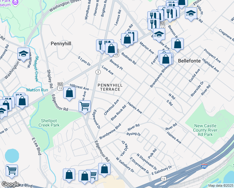 map of restaurants, bars, coffee shops, grocery stores, and more near 304 Woodside Avenue in Wilmington