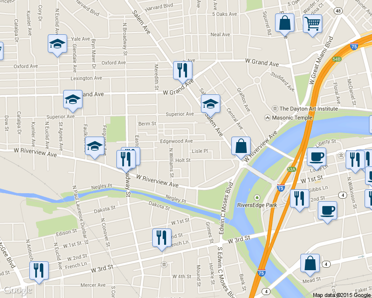 map of restaurants, bars, coffee shops, grocery stores, and more near 427 Middle Street in Dayton