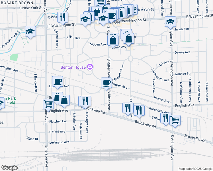 map of restaurants, bars, coffee shops, grocery stores, and more near 378 South Downey Avenue in Indianapolis