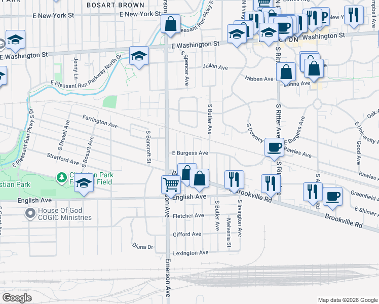 map of restaurants, bars, coffee shops, grocery stores, and more near 344 South Spencer Avenue in Indianapolis