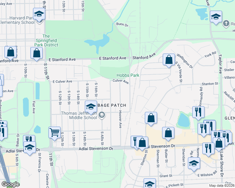 map of restaurants, bars, coffee shops, grocery stores, and more near 2835-2999 Hoover Ave in Springfield