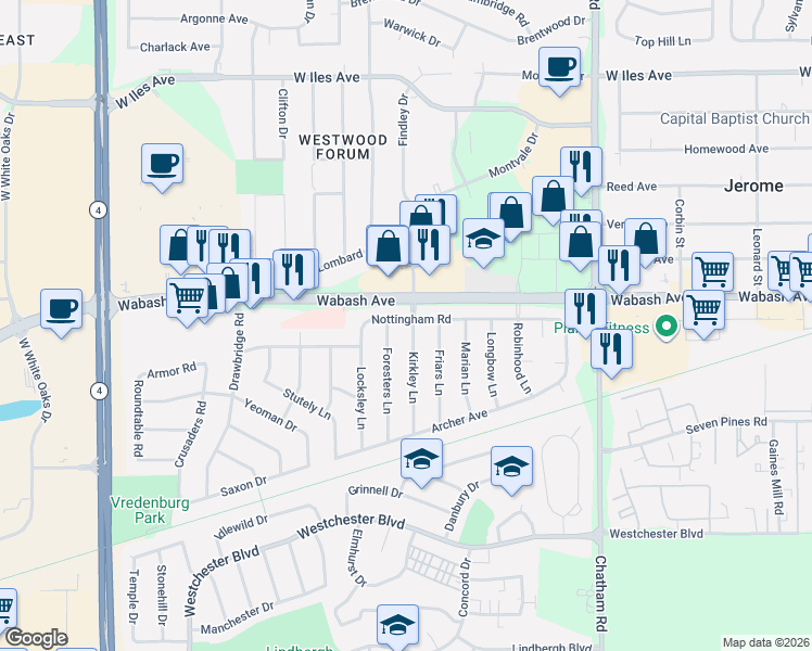 map of restaurants, bars, coffee shops, grocery stores, and more near 107-113 Nottingham Rd in Springfield