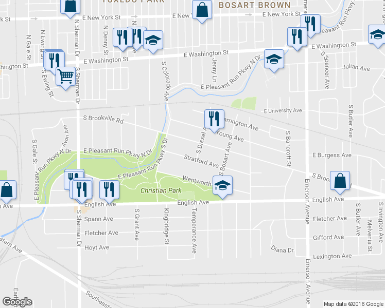 map of restaurants, bars, coffee shops, grocery stores, and more near 4568 Stratford Avenue in Indianapolis