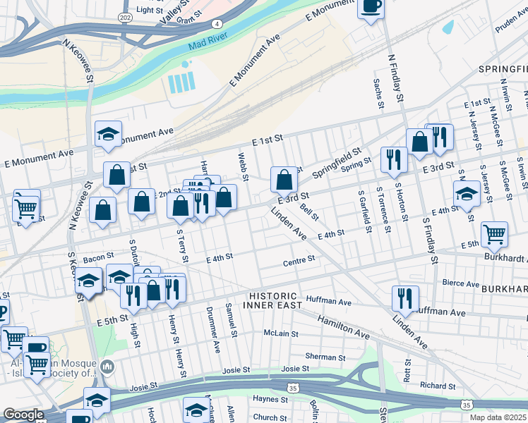 map of restaurants, bars, coffee shops, grocery stores, and more near 1932 East 3rd Street in Dayton