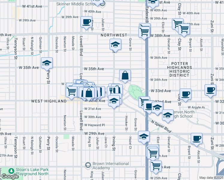 map of restaurants, bars, coffee shops, grocery stores, and more near 3257 Irving Street in Denver