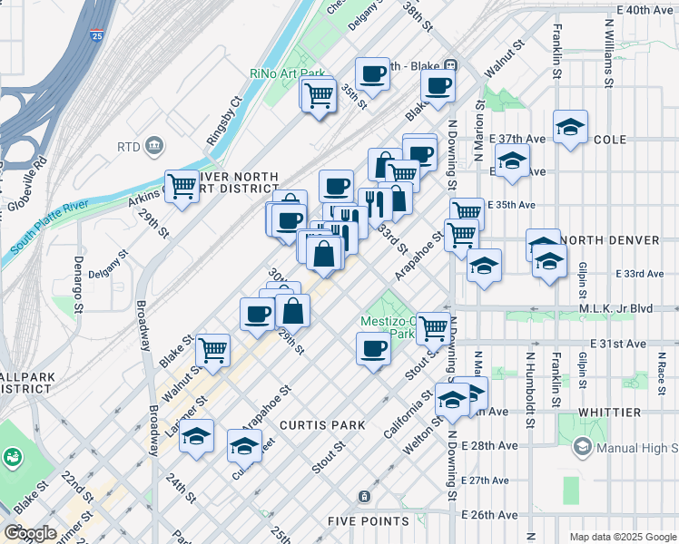 map of restaurants, bars, coffee shops, grocery stores, and more near 3120 Larimer Street in Denver