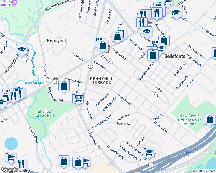 map of restaurants, bars, coffee shops, grocery stores, and more near 304 Woodside Avenue in Wilmington