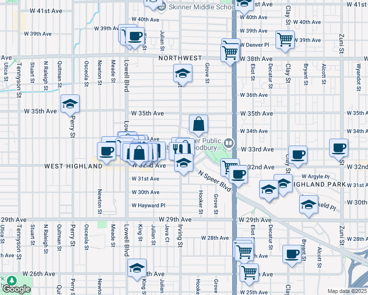 map of restaurants, bars, coffee shops, grocery stores, and more near 3257 Irving Street in Denver