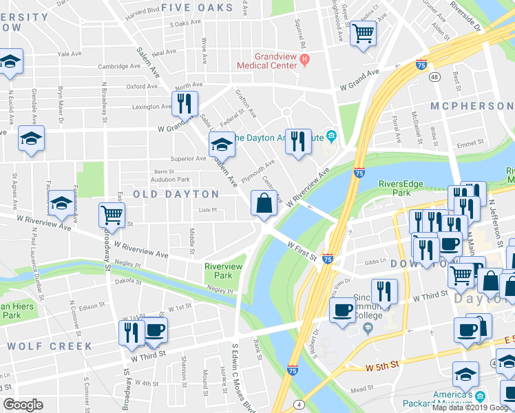 map of restaurants, bars, coffee shops, grocery stores, and more near 133 Salem Ave in Dayton