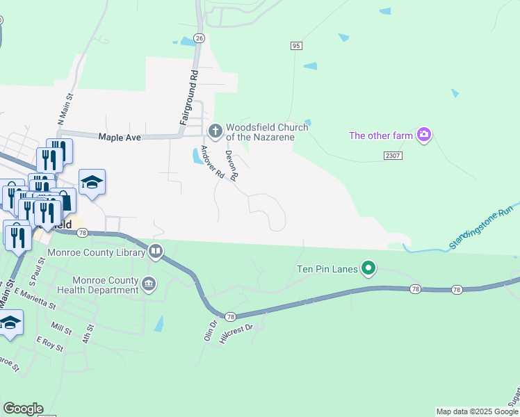 map of restaurants, bars, coffee shops, grocery stores, and more near 177 Andover Road in Woodsfield